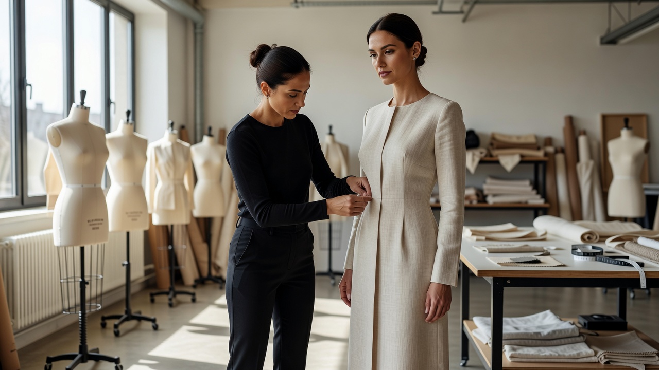 Designer checking the side seam and balance of a sample garment on a fit model in a daylight studio