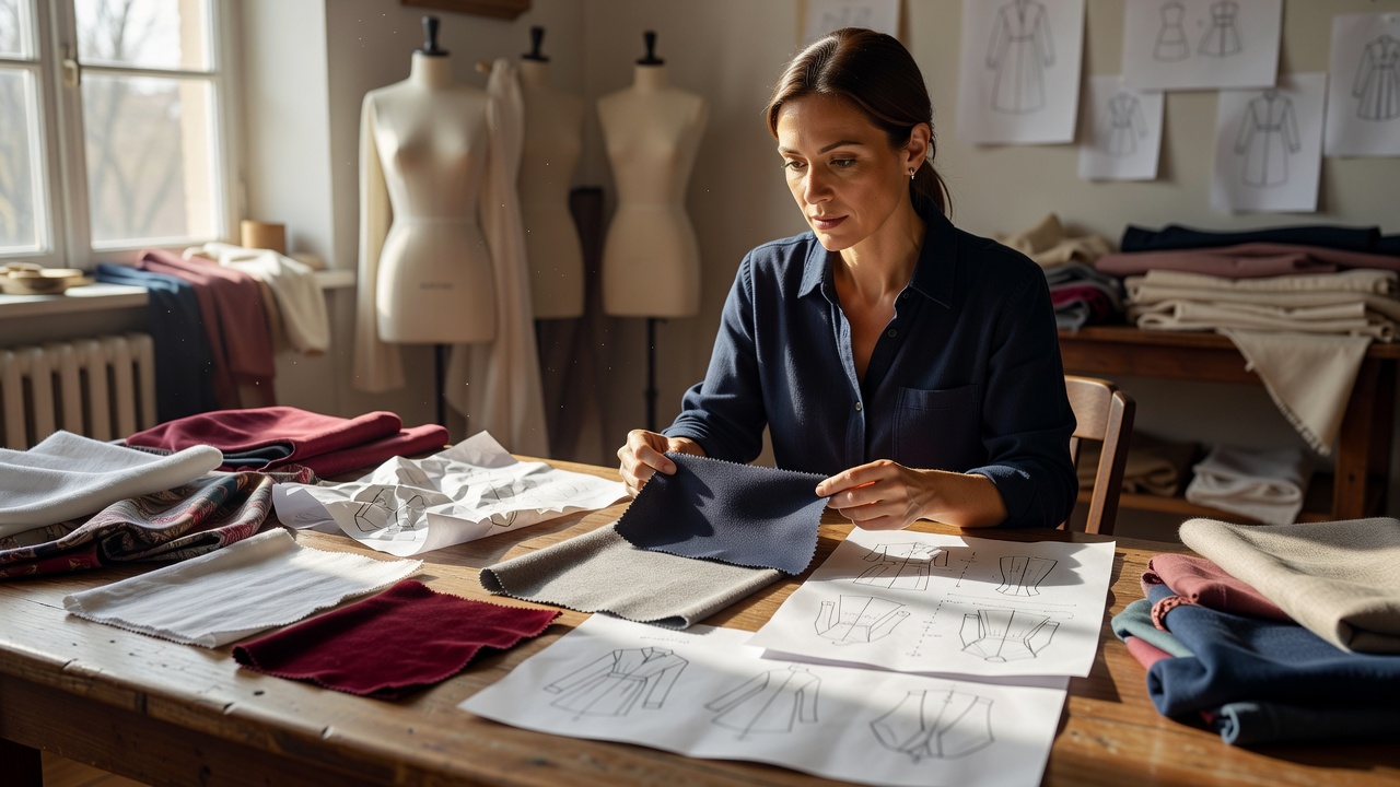 Designer reviewing fabric swatches and paper pattern notes at a naturally lit table
