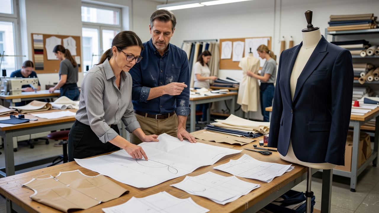 Two garment-development colleagues reviewing paper patterns and a finished sample at a studio table
